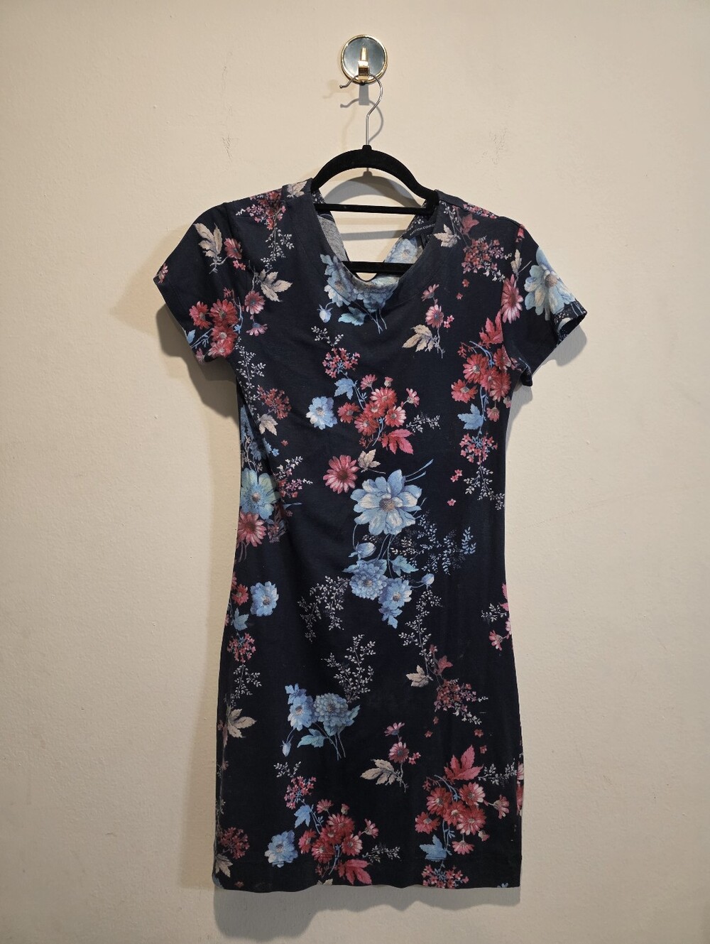 French Connection Navy Floral Short-Sleeve Dress with Pink & Blue Flowers